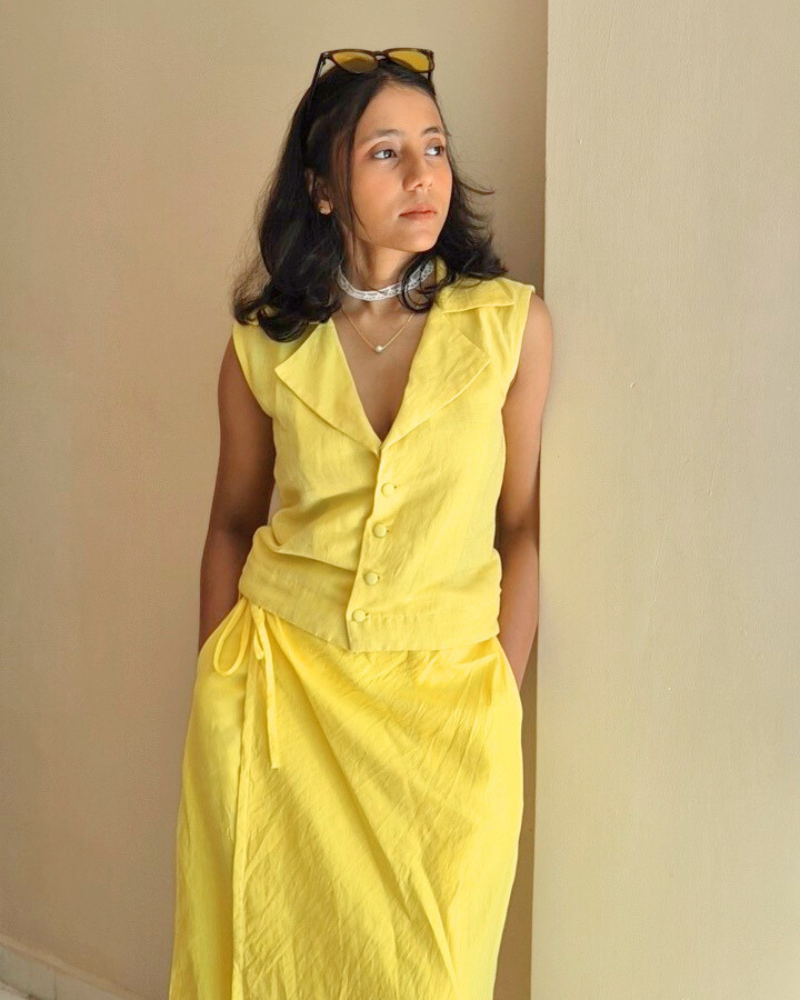 butter yellow waist coat linen top 1